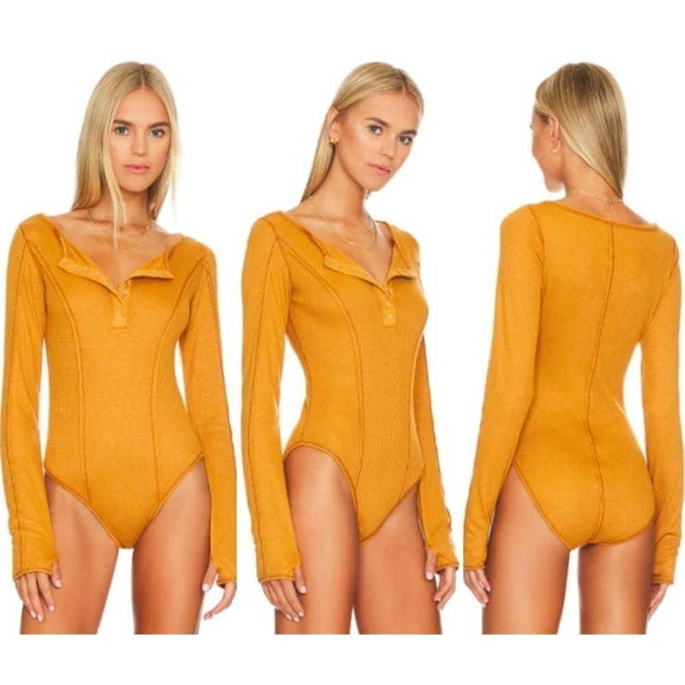 Free People NWT Sloane Long Sleeve Henley Bodysuit Amber Size Small OB1570623